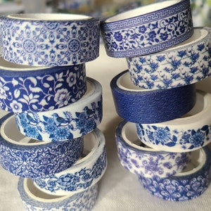 Blue & white washi tape set pretty designs 12 rolls decorative tape journaling, scrapbooking image 8