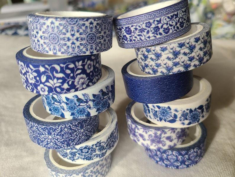 Blue & white washi tape set pretty designs 12 rolls decorative tape journaling, scrapbooking image 8