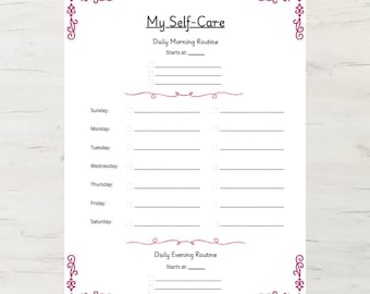 以下が含まれることがあります： 「My Self-Care」のテキストと、毎日の朝と夜のルーティン用のセクションが記載された白いセルフケアプランナー。プランナーには、各曜日のチェックボックスと、装飾的なピンクのコーナーアクセントが含まれています。