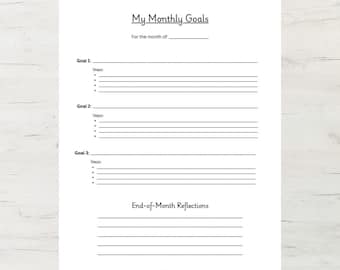 Monthly goals worksheet printable goal setting template PDF monthly planner page self improvement journal US letter productivity tracker