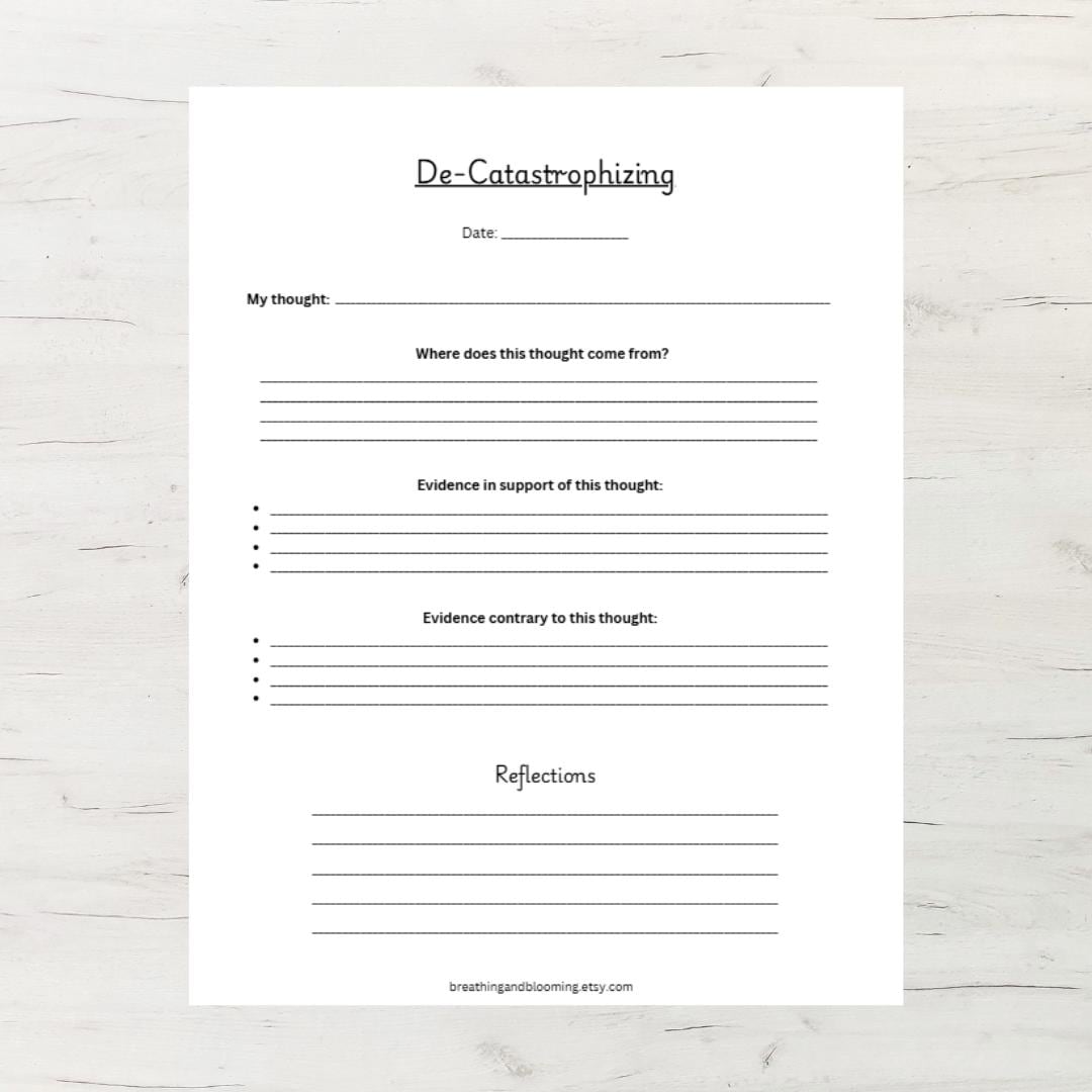 De Catastrophizing Worksheet CBT Anxiety Thought Record Printable ...