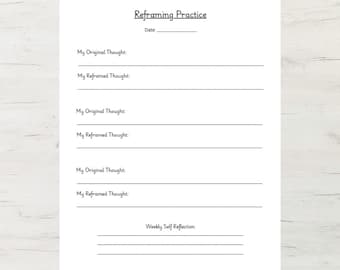 Cognitive Behavioral Therapy Reframing Worksheet Printable PDF Mental Health Journal Template Thought Record Daily Self Reflection