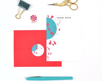 Personalized Stationery Set - Set of Custom Flat Notes - Paint Splatter Note Cards, Envelope Seals, Sticker - Gift for Her - Turquoise Coral