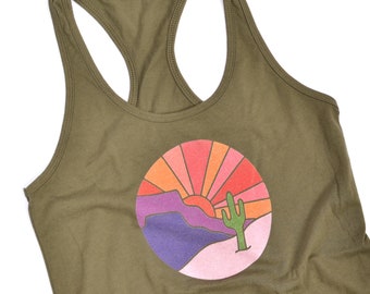 Desert Sunset Tank Top - Women's Graphic Tank - Racerback Tank - Adventure, Hiking Shirt - Yoga Tank Top - Olive Green, Orange, Heather Gray