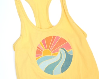 Ocean Tank Top - Women's Sleeveless Shirt - Workout, Yoga Tank - Surfing, Beach, Waves, Sunset - Heather Gray, Yellow, Blue