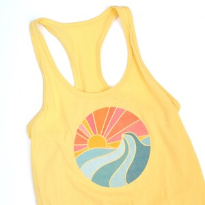 Ocean Tank Top Women's Sleeveless Shirt Workout, Yoga Tank Surfing, Beach, Waves, Sunset Heather Gray, Yellow, Blue image 1
