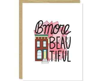 Bmore Beautiful Card - Baltimore Card - Thank You, Encouragement, Everyday, Friendship Card - Baltimore Rowhouse, Pink Flowers - C-162