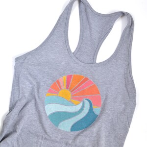 Ocean Tank Top Women's Sleeveless Shirt Workout, Yoga Tank Surfing, Beach, Waves, Sunset Heather Gray, Yellow, Blue image 2