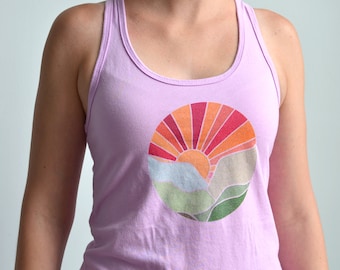 Mountain Sunset Tank Top - Women's Tank - Hiking Tank - National Parks Shirt - Racerback Graphic Tank - Yoga Top - Lilac, Mint, Heather Gray