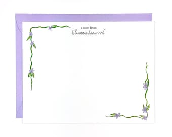 Personalized Stationery - Custom Flat Notes - Dainty Purple and Pink Floral Vine - Lavender Stationery Set - Note Card Set of 12