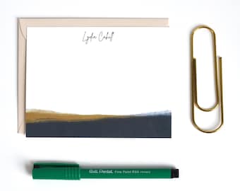 Personalized Stationery - Custom Flat Notes - Deep Cypress Pine Green, Caramel Tan - Neutral Stationery Set - Note Card Set of 12