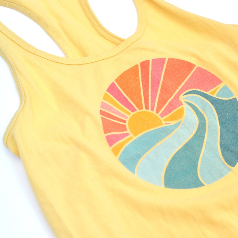Ocean Tank Top Women's Sleeveless Shirt Workout, Yoga Tank Surfing, Beach, Waves, Sunset Heather Gray, Yellow, Blue image 3