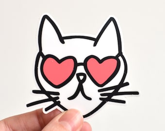 Cat Vinyl Sticker - Laptop Decal - Water Bottle Sticker - Cat in Coral Heart Glasses - ST-009