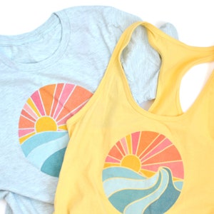 Ocean Tank Top Women's Sleeveless Shirt Workout, Yoga Tank Surfing, Beach, Waves, Sunset Heather Gray, Yellow, Blue image 6