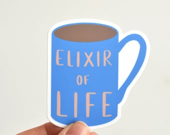 Coffee Sticker - Elixir of Life Vinyl Sticker - Water Bottle Sticker - Laptop Sticker - Coffee lover, coffee mug, blue, pink - ST-017