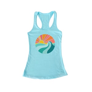 Ocean Tank Top Women's Sleeveless Shirt Workout, Yoga Tank Surfing, Beach, Waves, Sunset Heather Gray, Yellow, Blue image 9