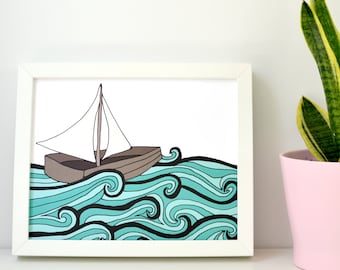 Sailboat Print - 8x10 Sea and Boat Print - 8x10 Illustrated Ocean Wall Art - Aqua blue - PR-004