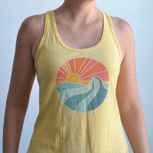 Ocean Tank Top Women's Sleeveless Shirt Workout, Yoga Tank Surfing, Beach, Waves, Sunset Heather Gray, Yellow, Blue image 5
