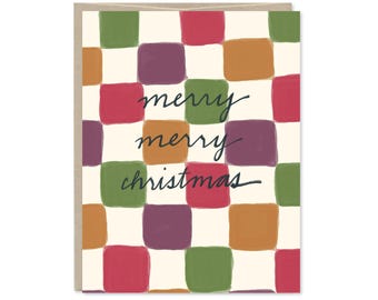 Merry Merry Christmas Checkerboard Holiday Card - Modern, Geometric Christmas Card - C-281