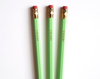 Stocking Stuffer - Pencils - Hustle Pencils - Pencil Set of 3 - Gold Foil Pencils - Mint Green - Gifts Under 10 - P-010