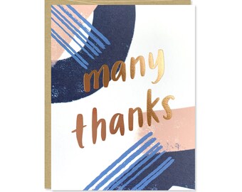 Rose Gold Thank You Card - Many Thanks Foil Card - Thank You Note - Abstract, simple thank you card, navy, pink, rose gold foil - C-226