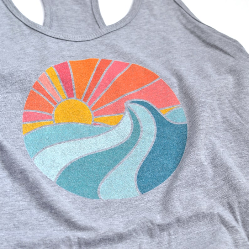 Ocean Tank Top Women's Sleeveless Shirt Workout, Yoga Tank Surfing, Beach, Waves, Sunset Heather Gray, Yellow, Blue image 4