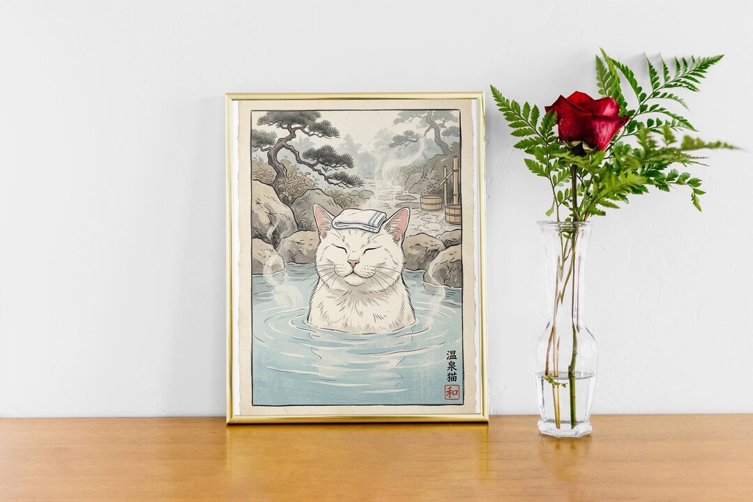 Cat Onsen Japanese Wall Art Print Hot Spring Zen Poster - Etsy