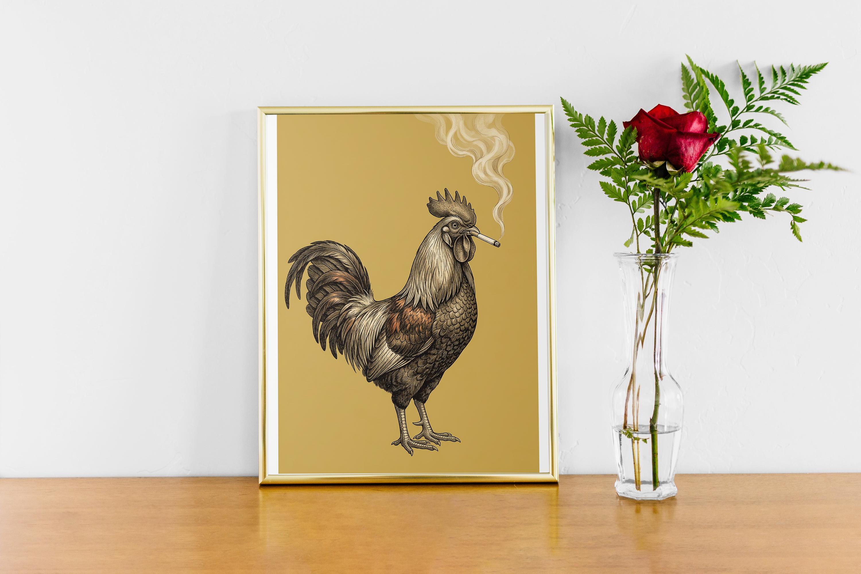 rooster smoking a cigarette Rooster Smoking Cigarette Vintage Print Victorian Animal Wall Art,  Independence