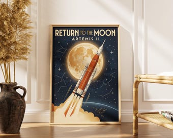 Artemis II Poster, Return to the Moon, Retro Rocket Wall Art, Space Poster