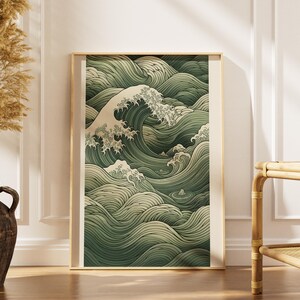 Sage Green Ocean Wave Tile Print, Modern Japandi Wall Art, Wabi Sabi Decor, Reading Nook Gift, Digital Download