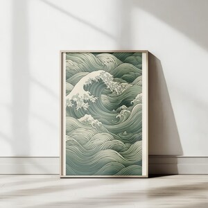 Saliegroene oceaan golf tegelprint, moderne Japandi muurdecoratie, Wabi Sabi decoratie, cadeau voor leeshoekje, digitale download, decoratie voor studentenkamer