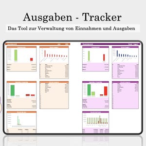 May include: A digital expense tracker with charts and graphs, displayed on a tablet. The text on the screen reads "Ausgaben - Tracker" and "Das Tool zur Verwaltung von Einnahmen und Ausgaben". Additional text includes "Sofortiger Download", "Finanzen auf einem Blick", and "Automatisiert".