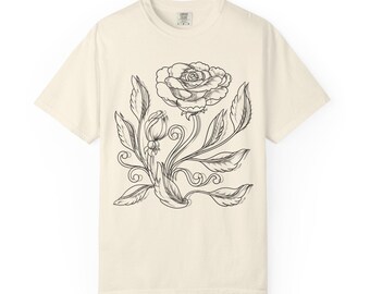 Vintage Rose T-Shirt: Botanical Line Art, Retro Floral Design
