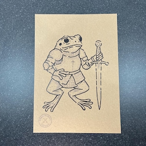 Medieval Frog Knight Print – Woodcut-Style Illustration on Recycled Card
