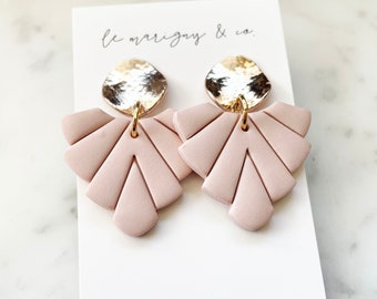 Blush Pink Clay Earring, Fan Stud Dangle Earring, Art Deco Style, Rose Gold Post Earring, Bridal Earrings, Lightweight, Gift For Her