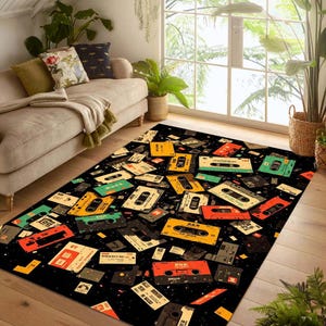 Retro Cassette Tape Rug: 80s Music Room Decor, Non-Slip, Machine-Washable, Low-Pile