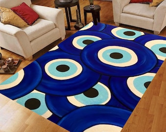 Nazar Boncuk Evil Eye Rug: Turkish Blue Amulet Area Carpet, Machine-Washable Non-Slip