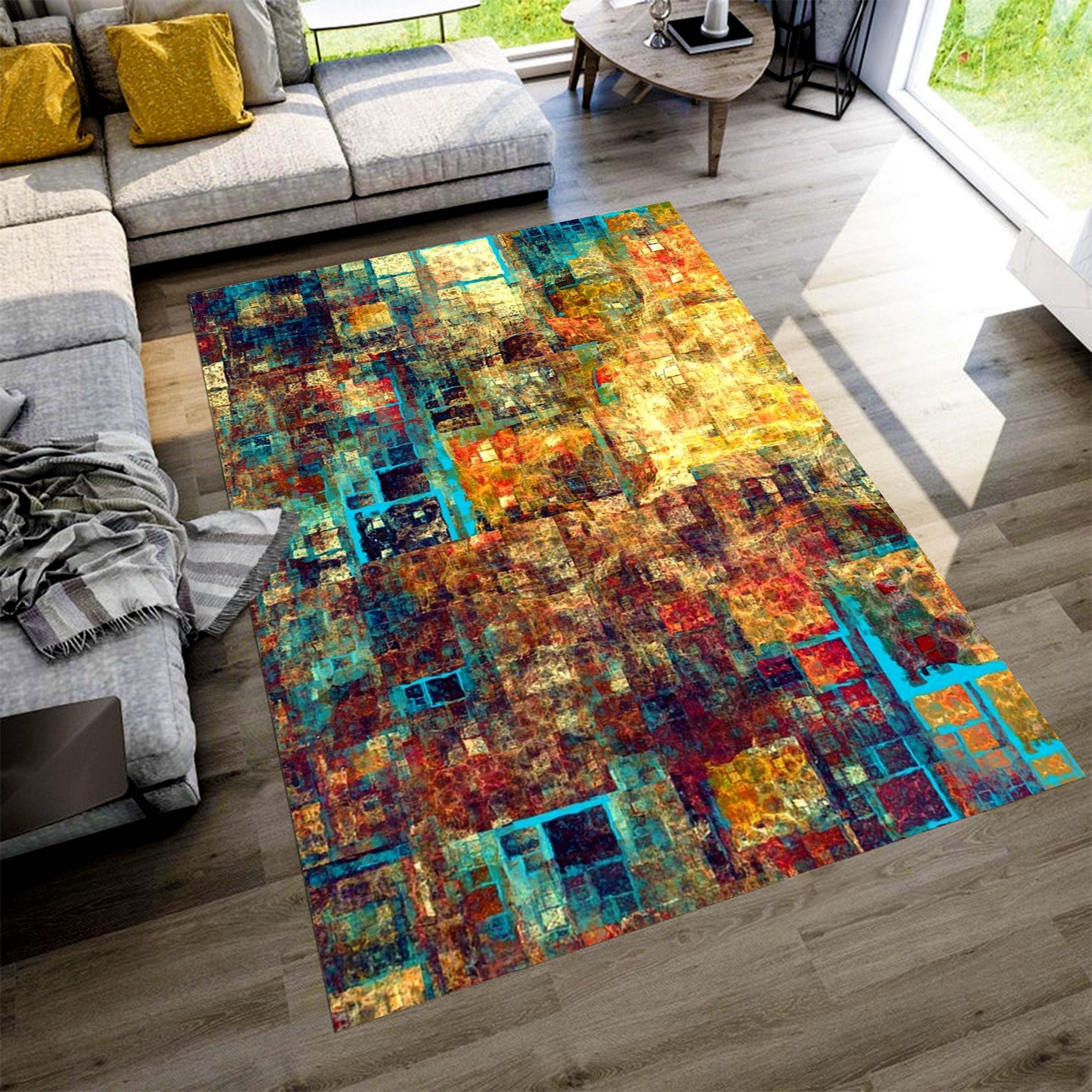 Abstract Color Block Area Rug: Modern Geometric Carpet, Non-slip ...
