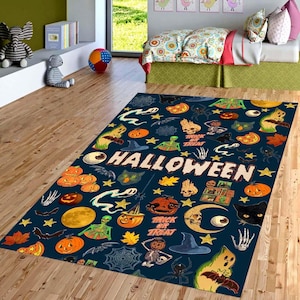 Vintage Halloween Rug: Navy, Orange Pumpkins, Ghosts, Non-Slip, Machine-Washable, Low-Pile