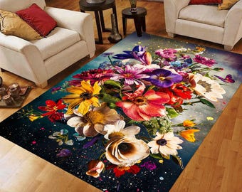 Vibrant Floral Bouquet Rug: Dark Teal Garden Carpet, Machine-Washable Non-Slip