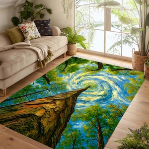 May include: Rectangular area rug with a vibrant forest scene. The rug features a perspective view of tall trees reaching towards a swirling blue and yellow sky. The trees have green foliage and textured brown bark.
