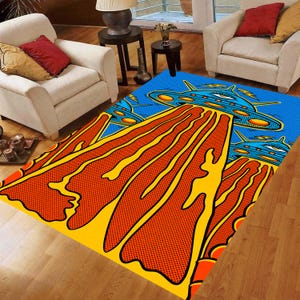 Könnte beinhalten: Rechteckiger Teppich mit Pop-Art-Design, das einen blauen Himmel mit fliegenden Untertassen und eine stilisierte orange-gelbe Landschaft zeigt. Der Teppich hat einen kräftigen Comic-Stil mit einem Rasterpunktmuster.