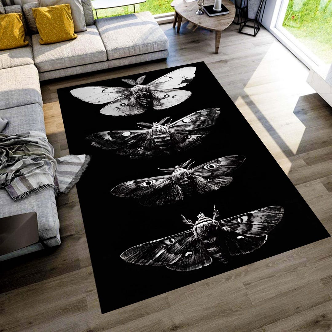 Moth Area Rug Gothic Moth Area Rug: Black Monochrome Insect Carpet, Non-slip Machine ...