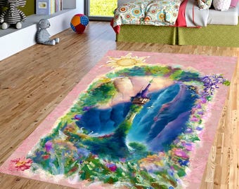 Tapis de jardin pour enfants Fairytale Tower : tapis rose pour paysage de château, antidérapant lavable en machine