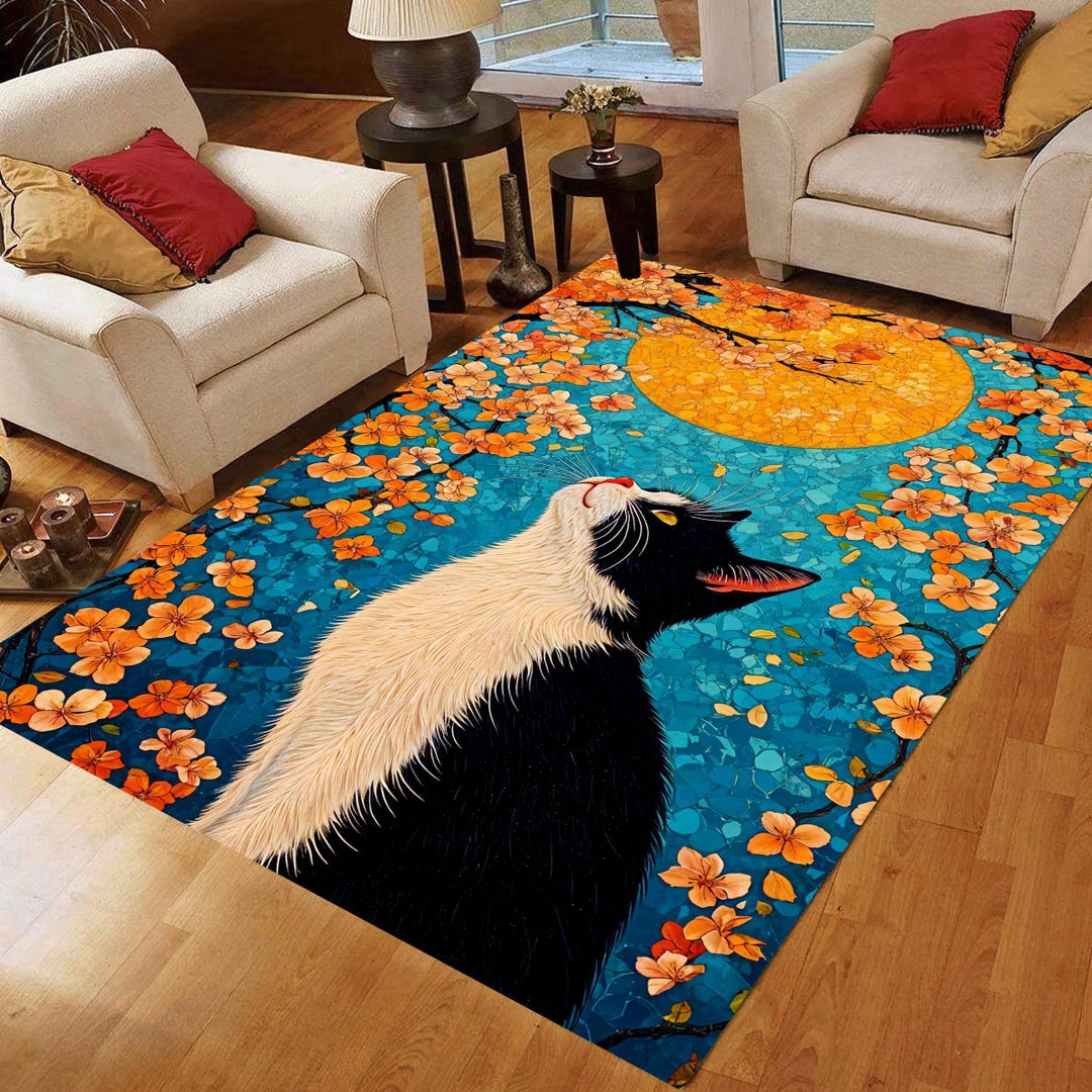 Tuxedo Cat Area Rug: Moonlit Blossom Carpet, Machine-washable Non-slip ...