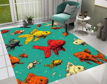 カラフルな金魚柄ラグ：ティールカラーのアクアティックカーペット
