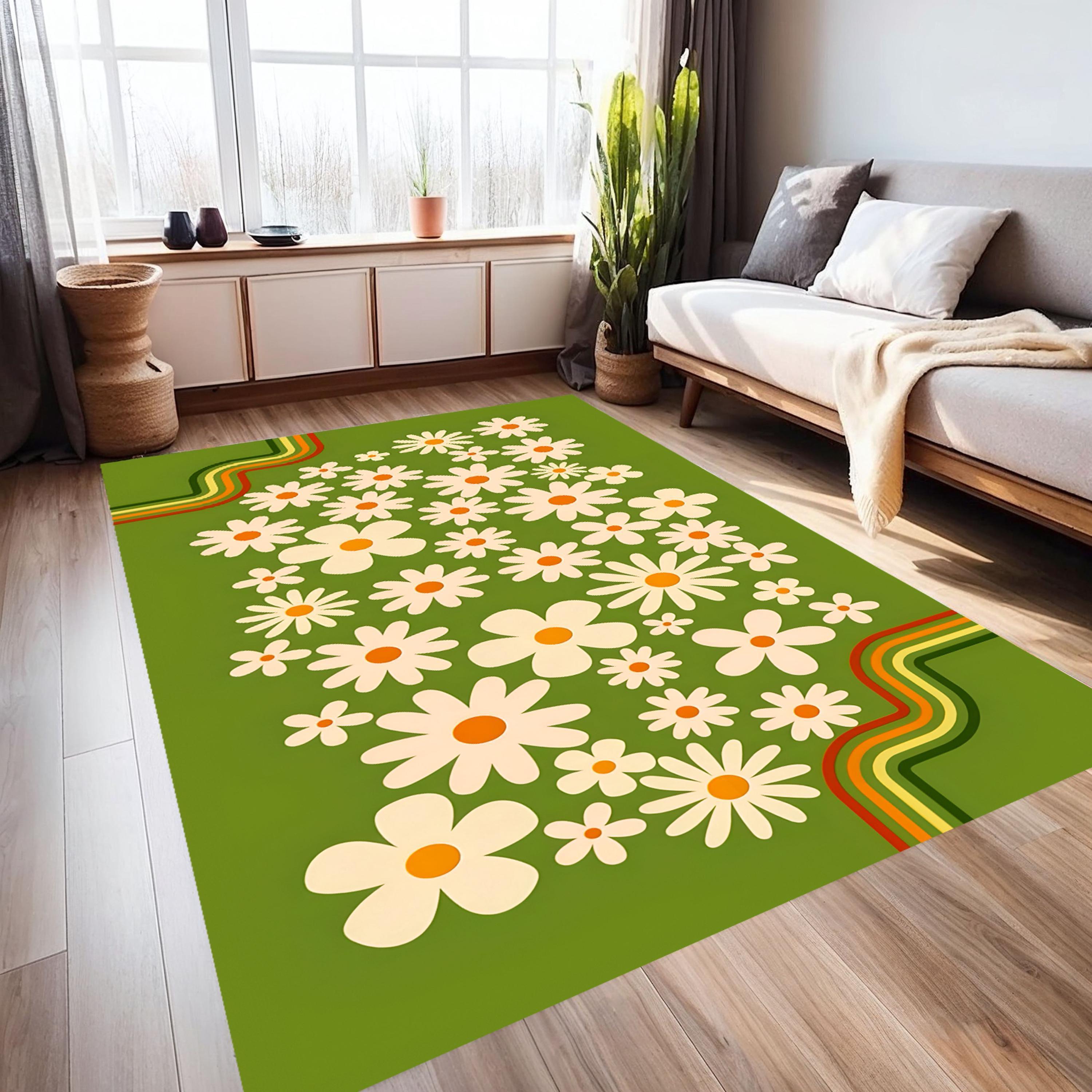 Retro Daisy Flower Area Rug: 70s Green Floral Carpet, Non-slip