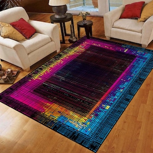 Neon Glitch Grid Rug: Cyberpunk Synthwave Area Carpet, Non-Slip Machine-Washable