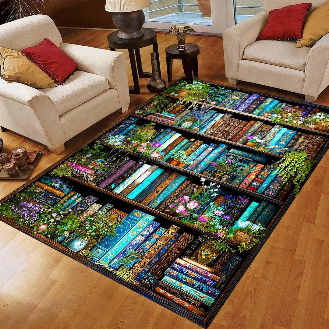 Literary Rug Enchanted Bookshelf Area Rug: Botanical Dark Academia Library Bookcase ...