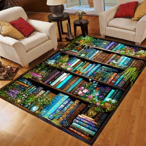 May include: A rectangular area rug featuring a detailed bookshelf design with colorful books, flowers, and greenery. The rug has a dark brown border and is placed on a wooden floor, creating a cozy and inviting atmosphere.